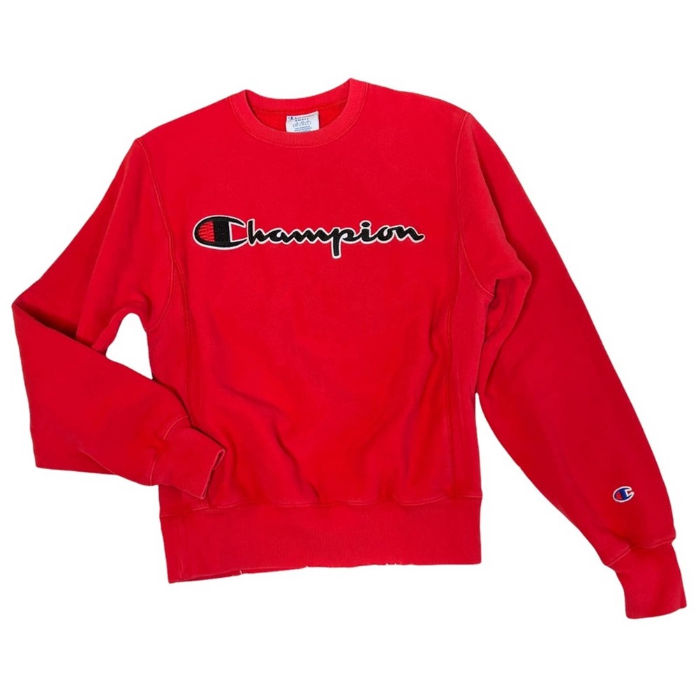 Champion Reverse Weave Red Crew Neck Pullover Sweatshirt Black Script Logo